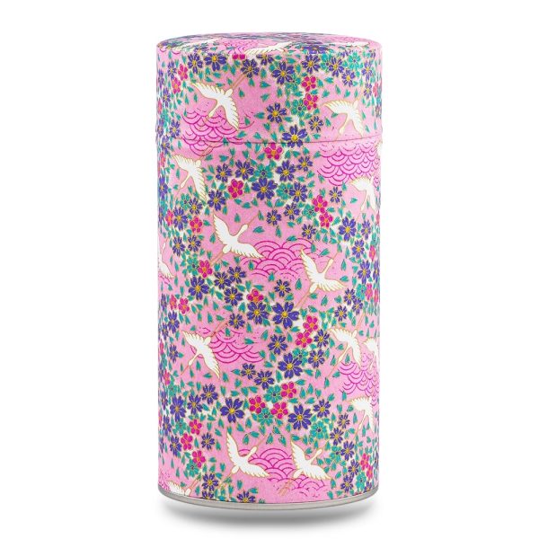 K-181-grande-boite-the-washi-masuda boîte à thé traditionnelle Masuda 150 g washi rose motif grues blanches et fleurs violettes, couvercle décoré