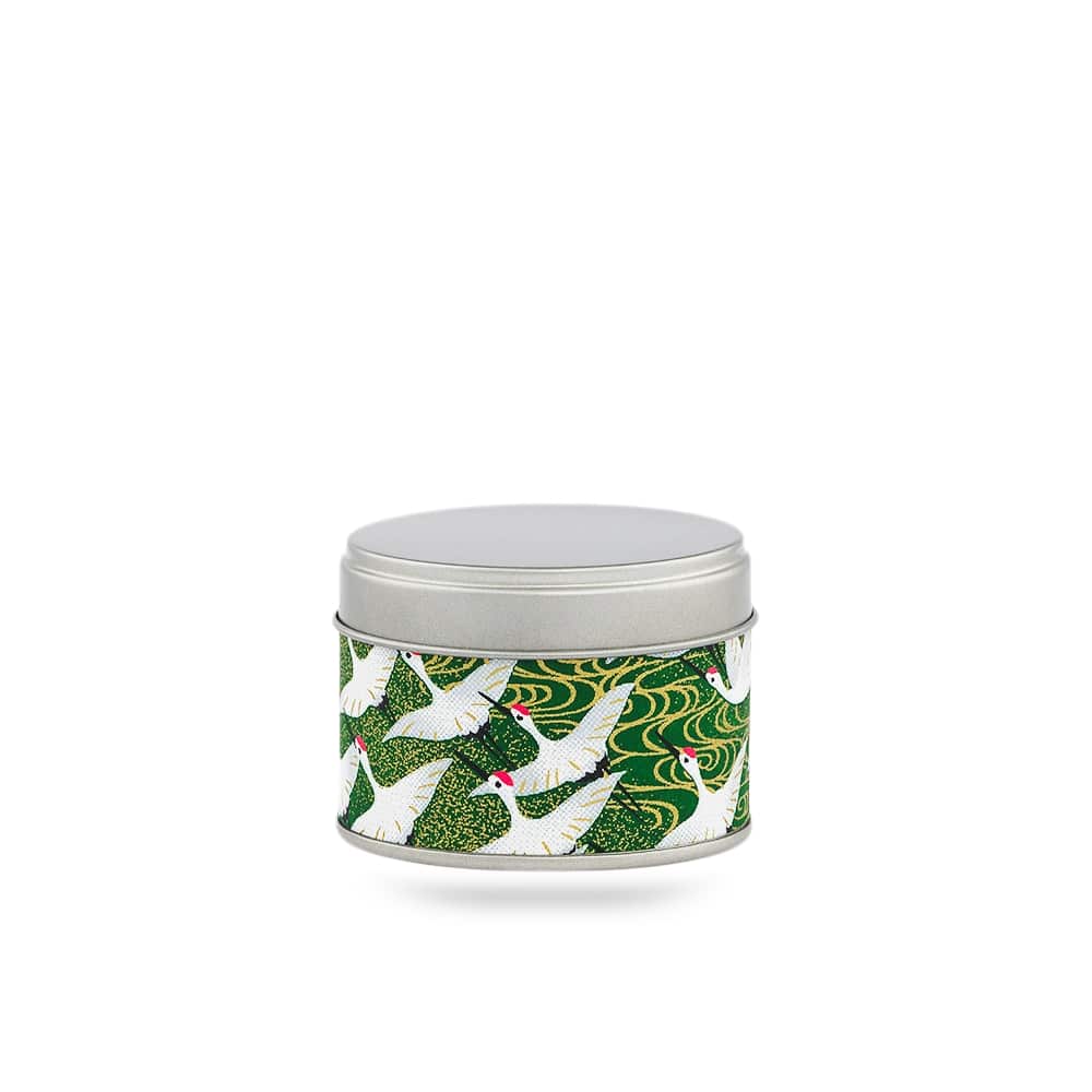 boîte à thé Seicho 20 g voyage washi vert motif grues blanches, couvercle argenté