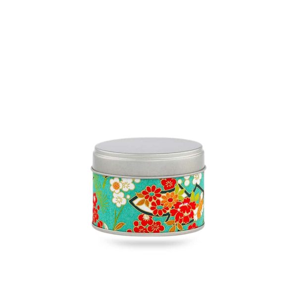 S-170-petite-boite-the-voyage-washi-yatsumi boîte à thé Yatsumi 20 g voyage washi turquoise motif sakura et pins, couvercle argenté