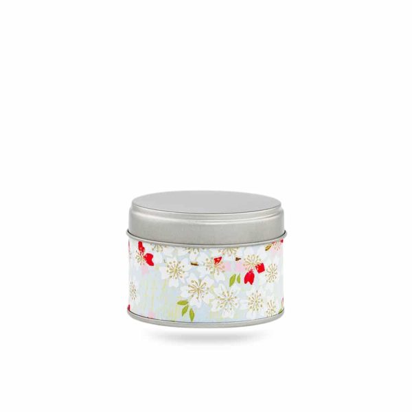 boîte à thé Yanai 20 g voyage washi bleu pâle motif fleurs blanches touches rouges, couvercle argenté