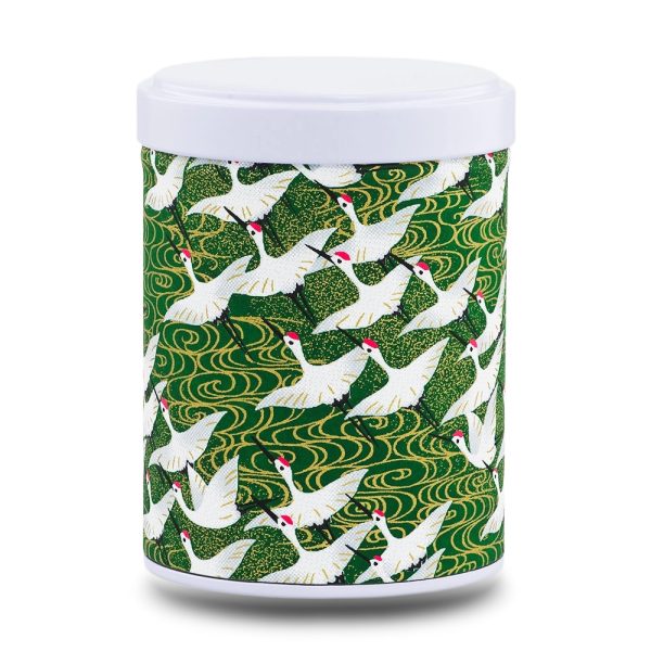 boîte à thé empilable Seicho 100 g washi vert motif grues blanches, couvercle blanc