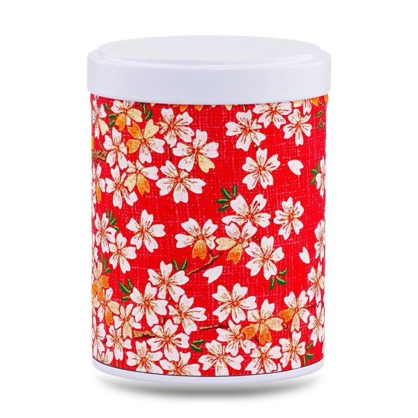 W-228-boite-the-washi-kihoku boîte à thé empilable Kihoku 100 g washi rouge motif fleurs blanches et dorées, couvercle blanc