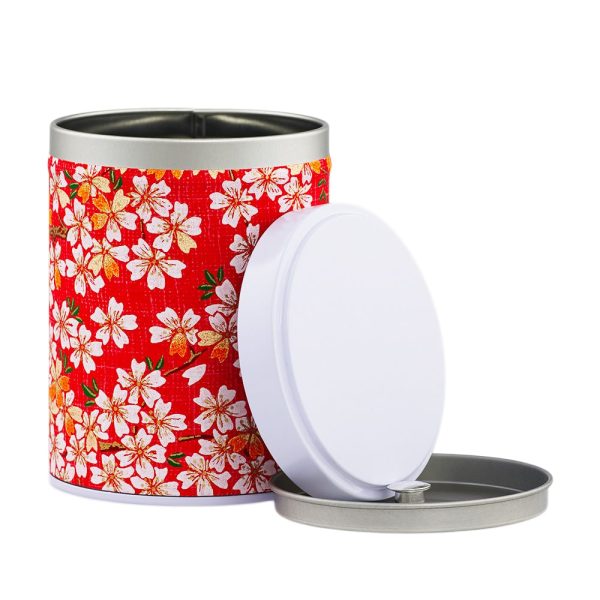 W-228-boite-the-washi-kihoku-ouvert boîte à thé empilable Yatsumi 100 g washi turquoise motif sakura et pins dorés, couvercle blanc