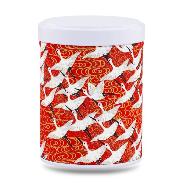 boîte à thé empilable Minabe 100 g washi rouge motif grues blanches, couvercle blanc