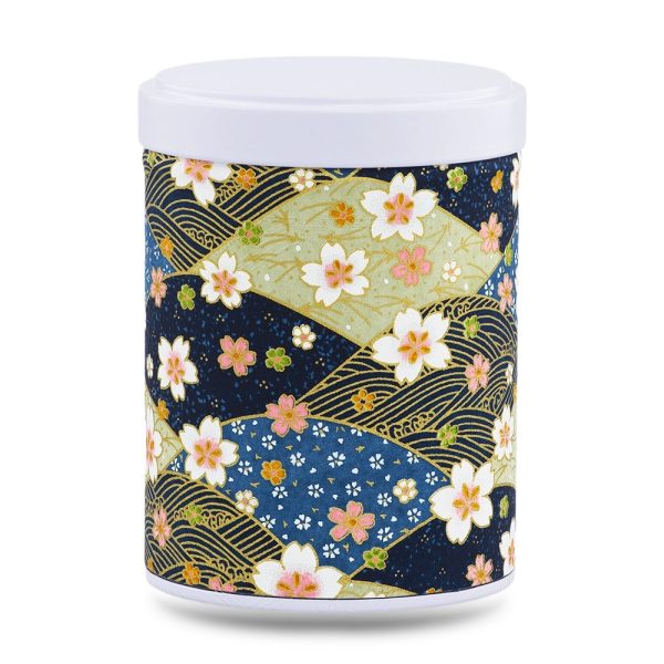 boîte à thé empilable Mihama 100 g washi bleu-kaki motif sakura sur éventails, couvercle blanc