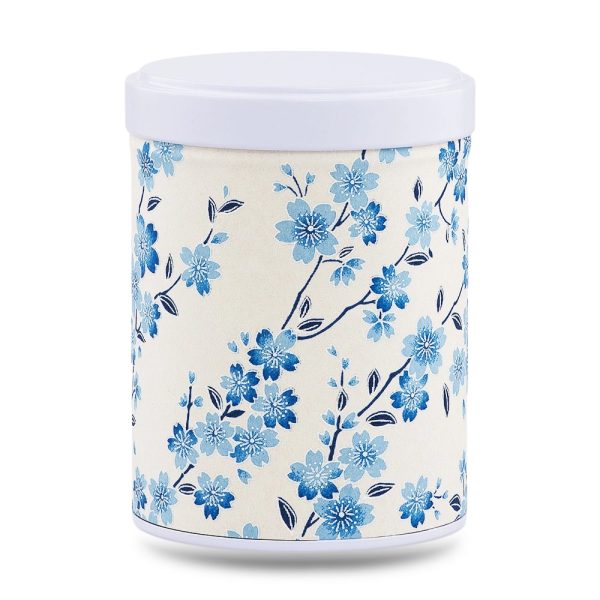 W-232-boite-the-washi-hidaka boîte à thé empilable Hidaka 100 g washi ivoire motif branches de cerisier bleues, couvercle blanc