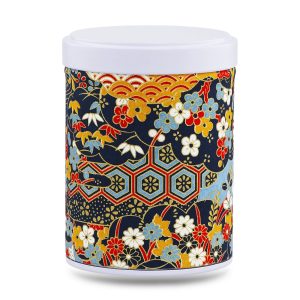 boîte à thé empilable Sanuki 100 g washi multicolore motif fleurs et nuages, couvercle blanc
