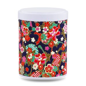 W-234-boite-the-washi-tamano boîte à thé empilable Tamano 100 g washi bleu nuit motif fleurs multicolores, couvercle blanc