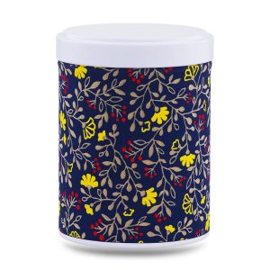 boîte à thé empilable Imabari 100 g washi bleu nuit motif fleurs jaunes et baies rouges, couvercle blanc