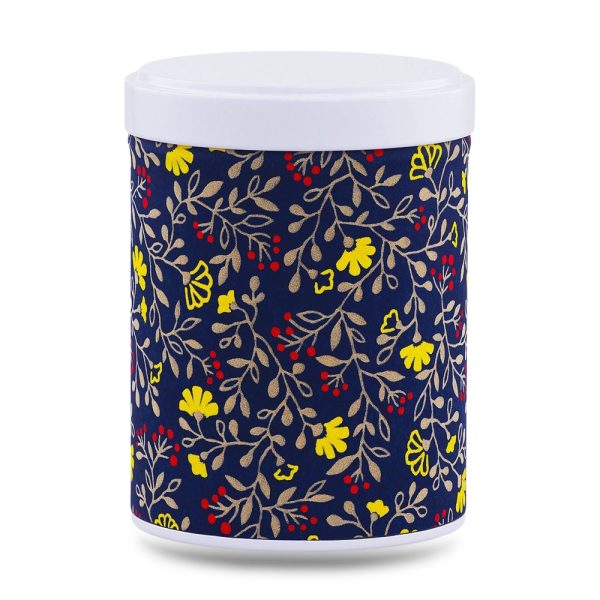 boîte à thé empilable Imabari 100 g washi bleu nuit motif fleurs jaunes et baies rouges, couvercle blanc