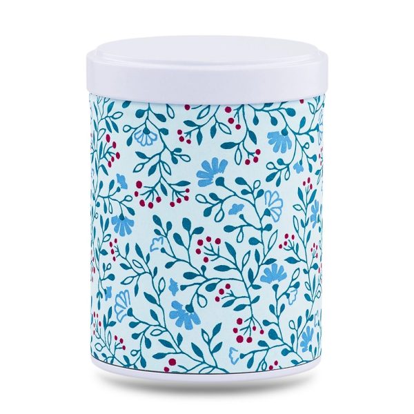 boîte à thé empilable Uchiko 100 g washi bleu clair motif fleurs rouges, couvercle blanc