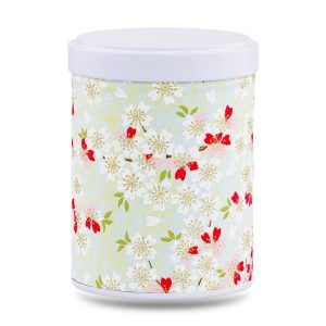 boîte à thé empilable Yanai 100 g washi bleu pâle motif fleurs blanches touches rouges, couvercle blanc