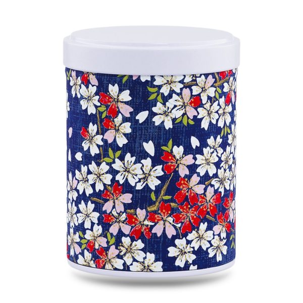 boîte à thé empilable Kawazu 100 g washi bleu nuit motif sakura blanches touches rouges, couvercle blanc