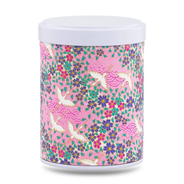 boîte à thé empilable Masuda 100 g washi rose motif grues blanches et fleurs violettes, couvercle blanc