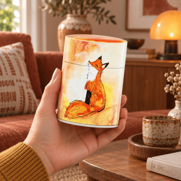 Boîte à thé illustrée traditionnelle – Renard d’or