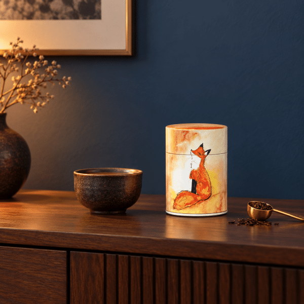 Boîte à thé illustrée traditionnelle – Renard d’or